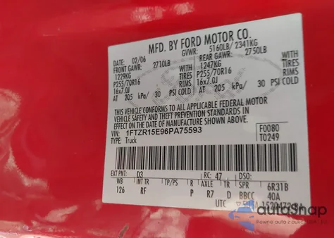 2006 Ford Ranger Fx4 Off-Road/Sport/Xl/Xlt z USA, uszkodzony, nr VIN 1FTZR15E96PA75593